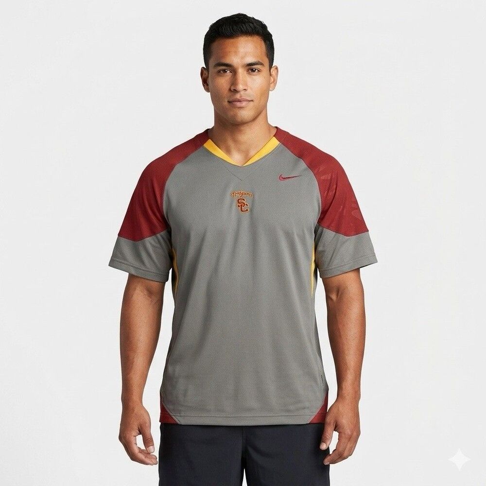 Nike USC Trojans V-Neck Shooter Shirt Mens XL Gray Maroon Gold Mesh Sewn Logo